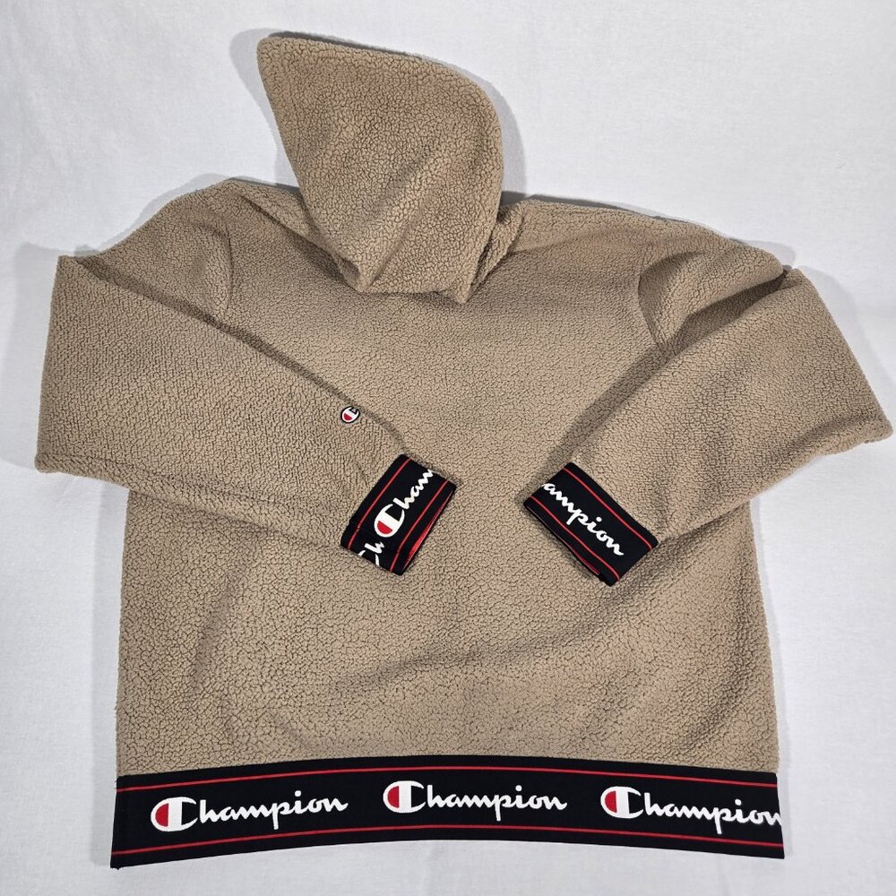Y2K CHAMPION Streetwear TAN Spell Out Teddy Half Zip Sherpa Hoodie Men's Size L. - Picture 7 of 17